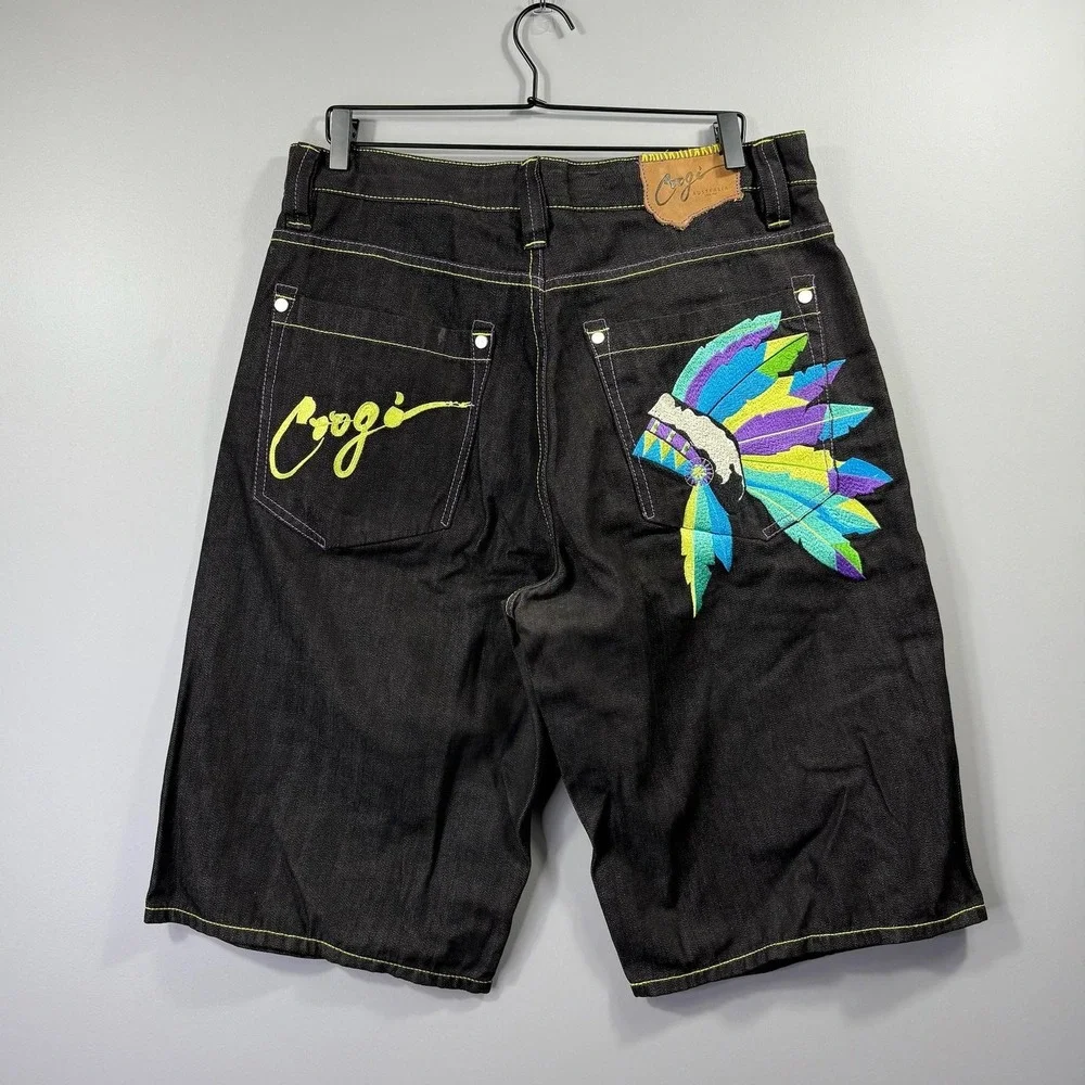 Coogi Shorts Mens 36 Black Denim Bermuda Colorful Embroidered Feather Graphic